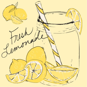 Fresh Lemonade, Lemons, Mason Jars hand drawn pen and ink, digital colored illustration