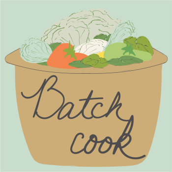 Batch Cook Sustainable Eating Step hand drawn pen and ink, digital colored illustration