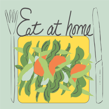 Eat at Home Sustainable Eating Step hand drawn pen and ink, digital colored illustration