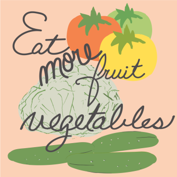 eat more fruit vegetables digital colored editorial illustration, hand lettering