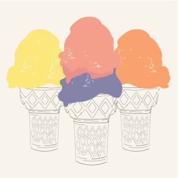Ice Cream Cones, Scoops, Sorbet hand drawn pen and ink, digital colored illustration