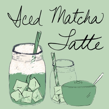 Iced Match latte drink beverage and bowl hand drawn pen and ink, digital colored illustration