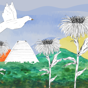 Bird Adventure Travels Flies Sees Giant Flowers, River, Dock pen and ink, watercolor, digital
