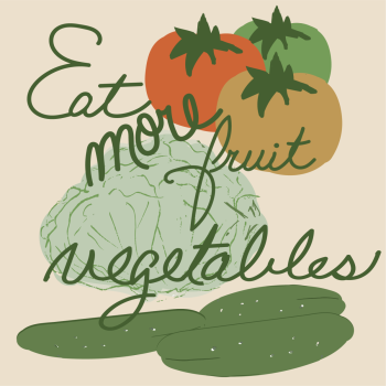eat more fruit vegetables digital colored editorial illustration, hand lettering