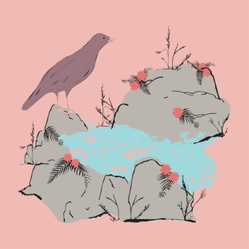 Rose Creek Bird Perched on rocks, Flowers, Ferns on pink background hand drawn pen and ink, digital colored illustration