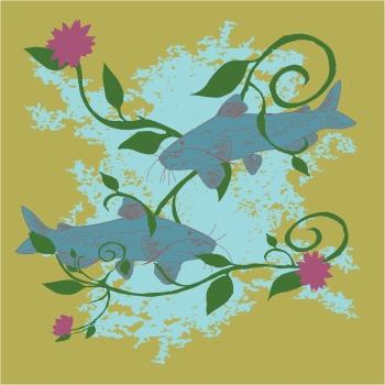 Bleu Creek Catfish Water, Flowers, Vines on Chartreuse background hand drawn pen and ink, digital colored illustration