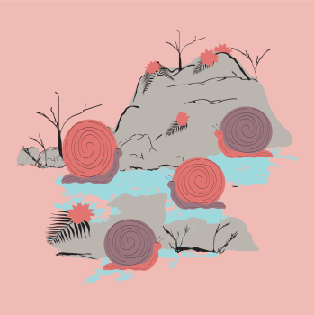 Snails at Rose Creek with Flowers, Rocks, Ferns on Pink background hand drawn pen and ink, digital colored children's book illustration