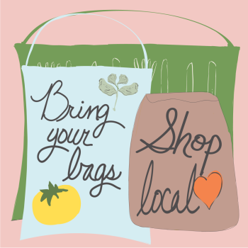 Shop Local Use Your Own Bags Sustainable Living Tip hand drawn pen and ink, digital colored illustration