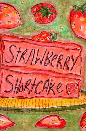 Strawberry Shortcake Slice on Plate pen and ink, watercolor illustration